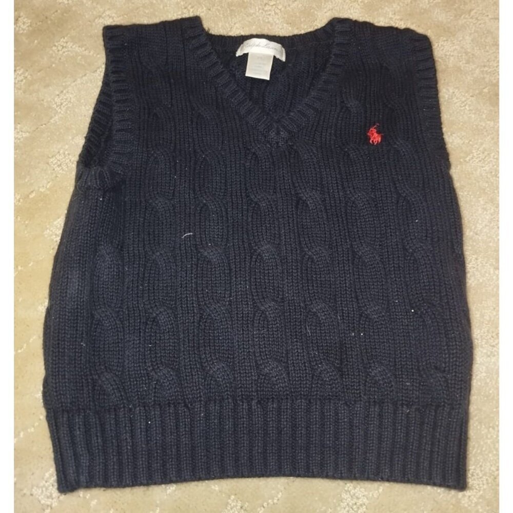 Ralph Lauren Baby Boy Sweater Vest 12M Navy Blue Cable Knit Cotton V-Neck Pony